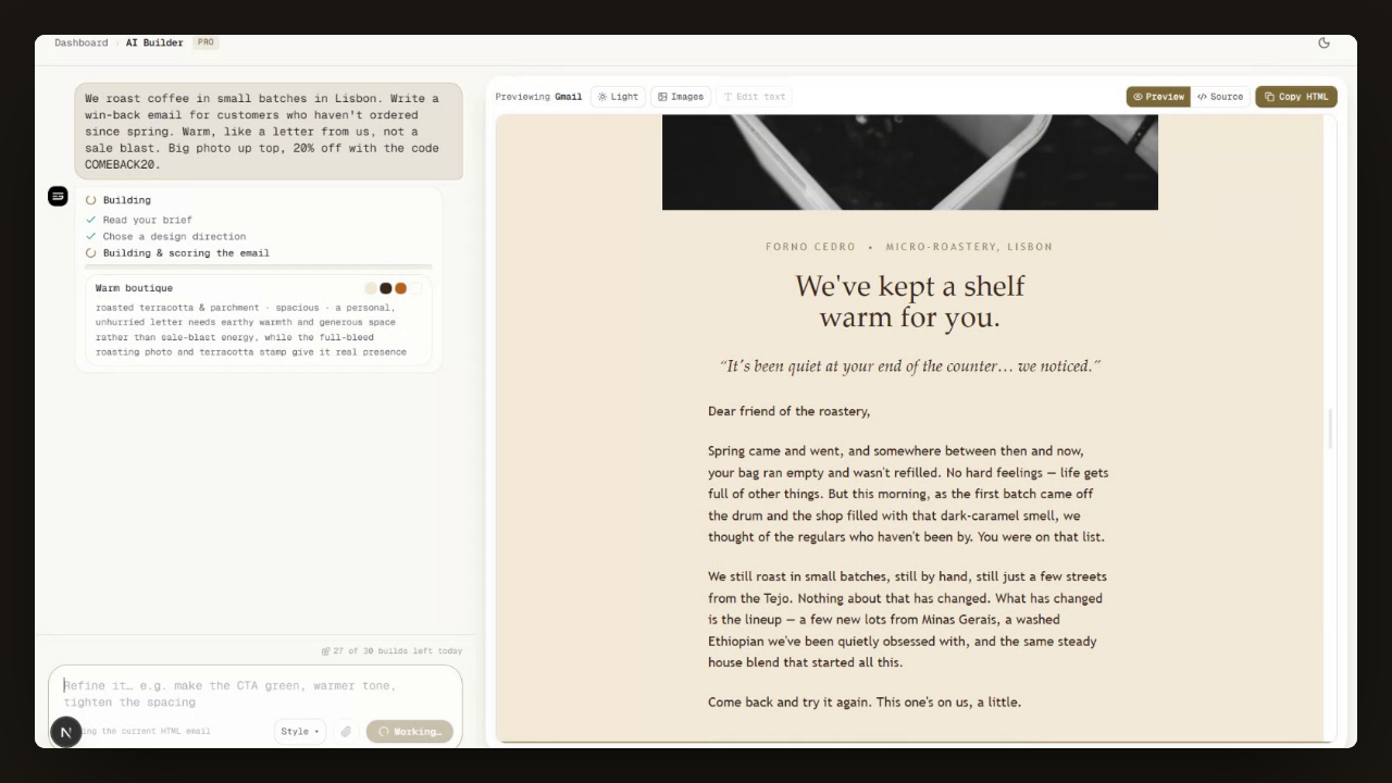 The Emailens AI builder: a brief is typed, the email is generated and previewed in Gmail.